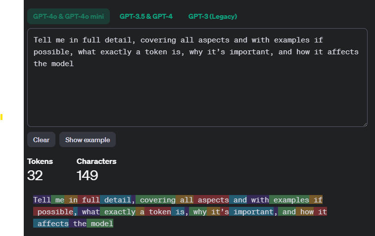 Example image of using OpenAI Tokenizer to provide the tokens calculated in a sentence.